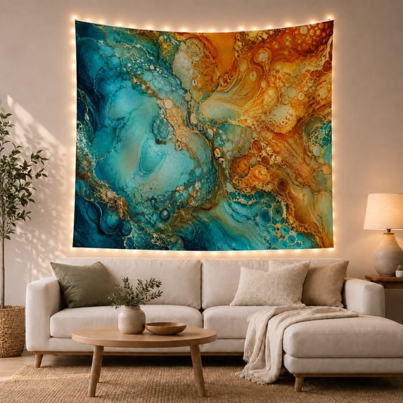 Abstract Fluid Art Swirling Teal and Amber on Marbled Canvas, Mystical Abstract for Art Lovers, Unique Home Decor Accent, Housewarming Gift, Tapestry Wall Hanging for Living Room and Bedroom