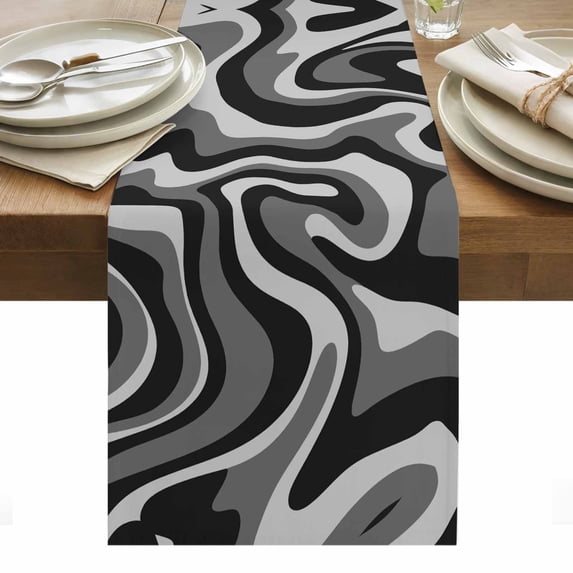 Abstract Fluid Art Table Runner - 120 Inch Long, Kitchen Dining Table Runner Dresser Scarves, Black Grey Gradient Simple Line Farmhouse Decor for Coffee Tables Wedding Party Banquet