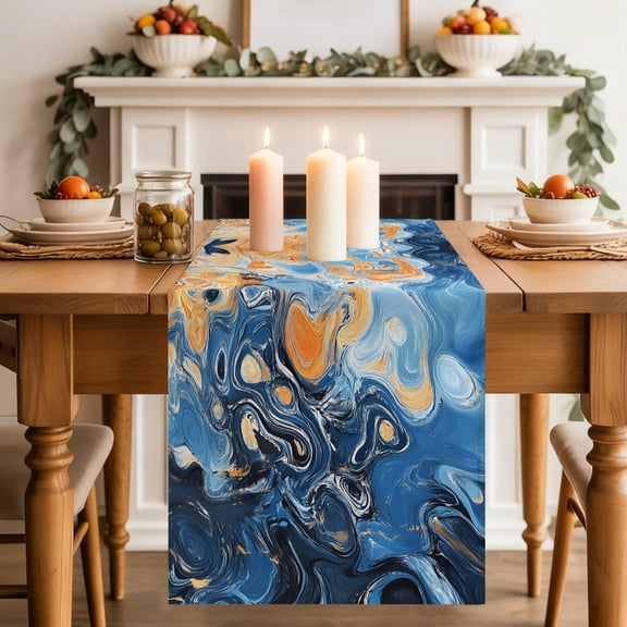 Abstract Fluid Art Table Runner 13x36 Inch Marble Liquid Waves Coastal Bohemian Cotton Linen Dining Table Runner Ideal for Dresser Kitchen Coffee Tables - Machine Washable