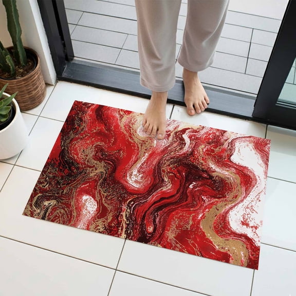 Abstract Fluid Indoor Door Mat 16x24 Inch Vintage Gold Red Marble Texture Front Door Mat Non Slip Washable Entryway Rug Low Profile Dirt Trapper Doormat for Bathroom Kitchen Bedroom