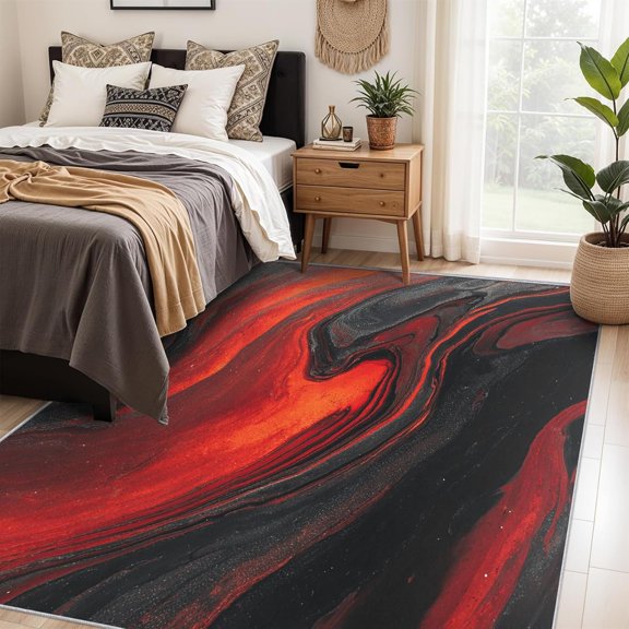 Abstract Fluid Marble Area Rug, Red Black Marbling Design Indoor Carpet, Washable Non Slip Low Pile Soft Thin Rug for Living Room Bedroom Home Decor Mat 2x3ft