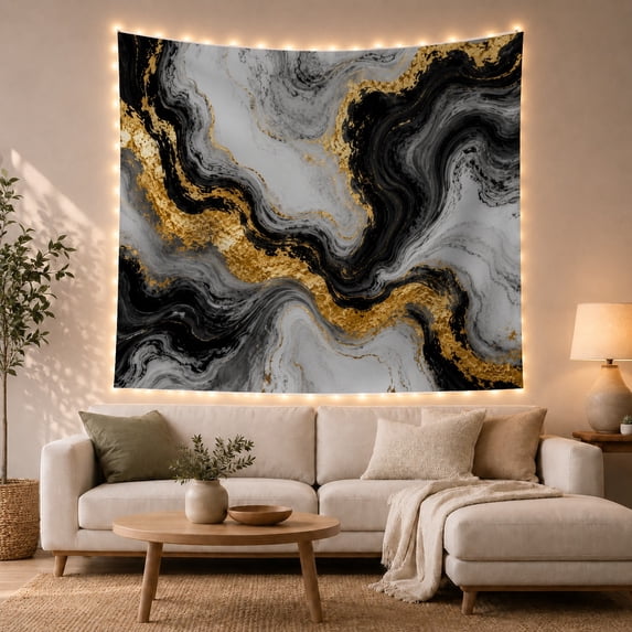 Abstract Fluid Marble Art with Diagonal Black Gold Swirls, Majestic Abstract for Art Lovers, Contemporary Decor Wall Art, Housewarming Gift, Tapestry Wall Hanging for Bedroom and Living Room