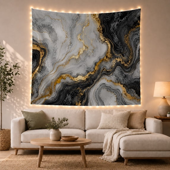 Abstract Fluid Marble with Gold Veins on Charcoal, Moody Abstract for Modern Art Lovers, Luxury Swirling Wall Decor, Housewarming Gift, Tapestry Wall Hanging for Living Room and Bedroom