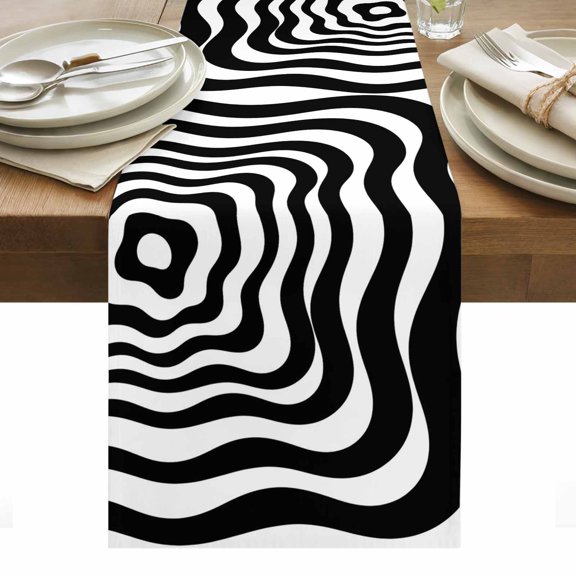 Abstract Fluid Pattern Table Runner, Modern Minimalist Black White Ripple Lines Washable Kitchen Table Runners Dress Scarves for Dining Table Decorations Party/Restaurant/Indoor Outdoor Use, 13x36in