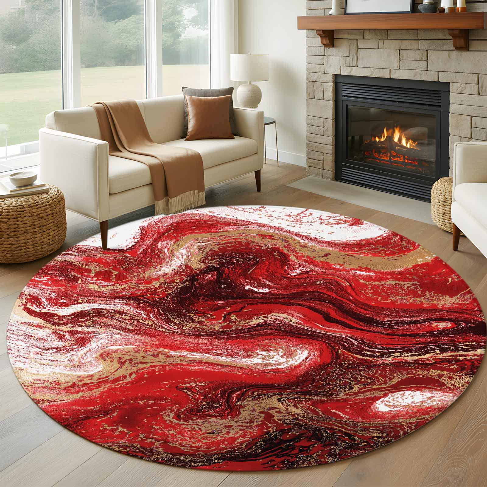 Abstract Fluid Round Rugs for Living Room 5ft Vintage Gold Red Marble ...