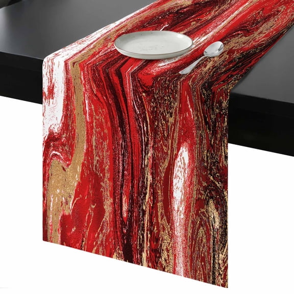 Abstract Fluid Table Runner 13x90 Inch Vintage Gold Red Marble Texture Table Runner Non-Slip Dresser Scarves for Holiday Decorations, Party, Dinner and Gatherings, 1 Pack