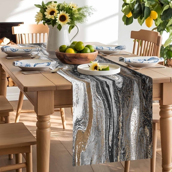 Abstract Fluid Table Runner, Vintage Gold Black Marble Texture Washable Kitchen Table Runners Dress Scarves for Dining Table Decorations Party/Restaurant/Indoor Outdoor Use, 13x72in