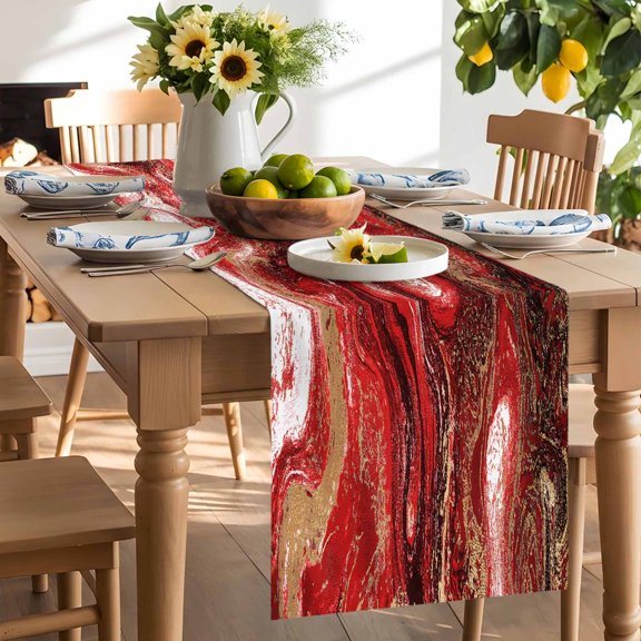 Abstract Fluid Table Runner, Vintage Gold Red Marble Texture Washable Kitchen Table Runners Dress Scarves for Dining Table Decorations Party/Restaurant/Indoor Outdoor Use, 13x36in