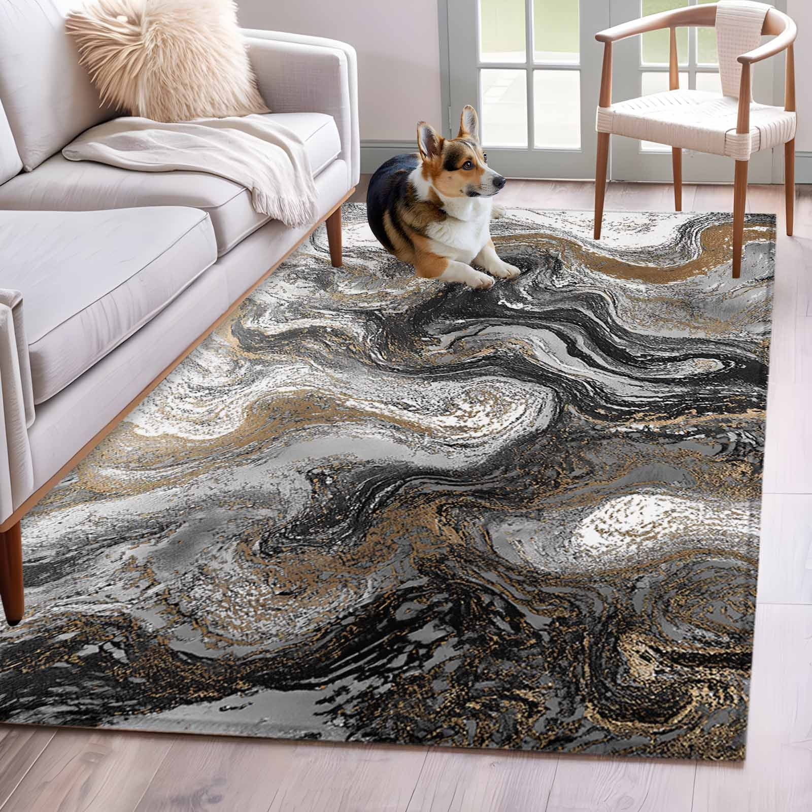 Abstract Fluid Washable Area Rugs 3'x5', Vintage Gold Black Marble ...