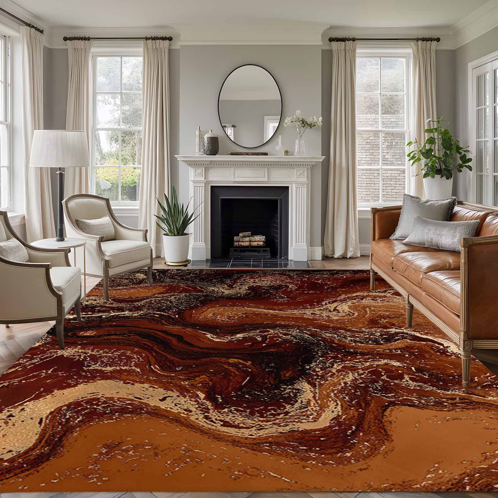 Abstract Fluid Washable Living Room Rugs 6'x9', Vintage Gold Brown ...