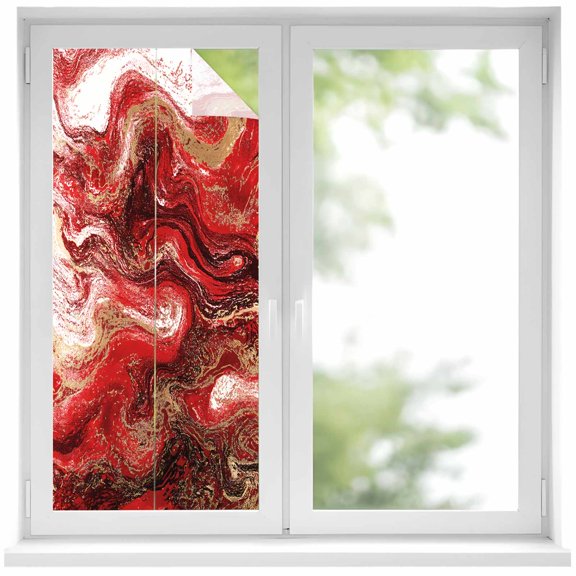 Abstract Fluid Window Privacy Film Vintage Gold Red Marble Texture Decorative Glass Window Film UV Blocking Static Cling Non-Adhesive Sticker Covering for Home Door 17.7 x 39.3 inches
