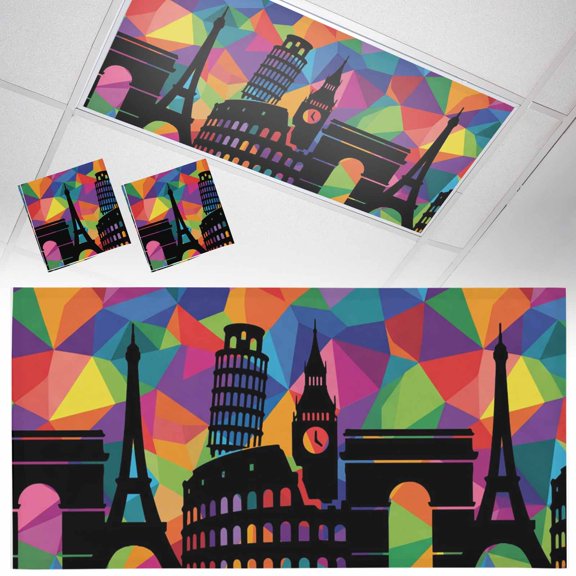 Abstract Fluorescent Light Covers Colorful Patchwork Geometric Modern City Silhouette Magnetic Light Filters Ceiling Lighting Panel Shade for Classroom Office Home 2 x 4 ft, 2 Pack