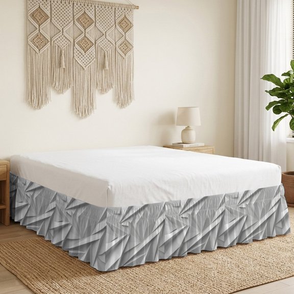 Abstract Folded Paper Bed Skirt Bed Skirts Queen Size 16 Inch Drop, Art Minimalist Silver 3D Relief Texture Wrap Around Dust Ruffle Bedskirt with Adjustable Elastic Belt for Queen Size Beds