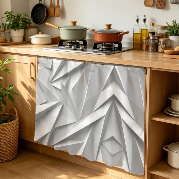 Abstract Folded Paper Cabinet Curtains for Kitchen 35"W x 35"L, Art Minimalist Silver 3D Relief Texture Laundry Sink Cabinets Magic Tape Short Curtain Privacy Panel for Bathroom Vanity Cabinets