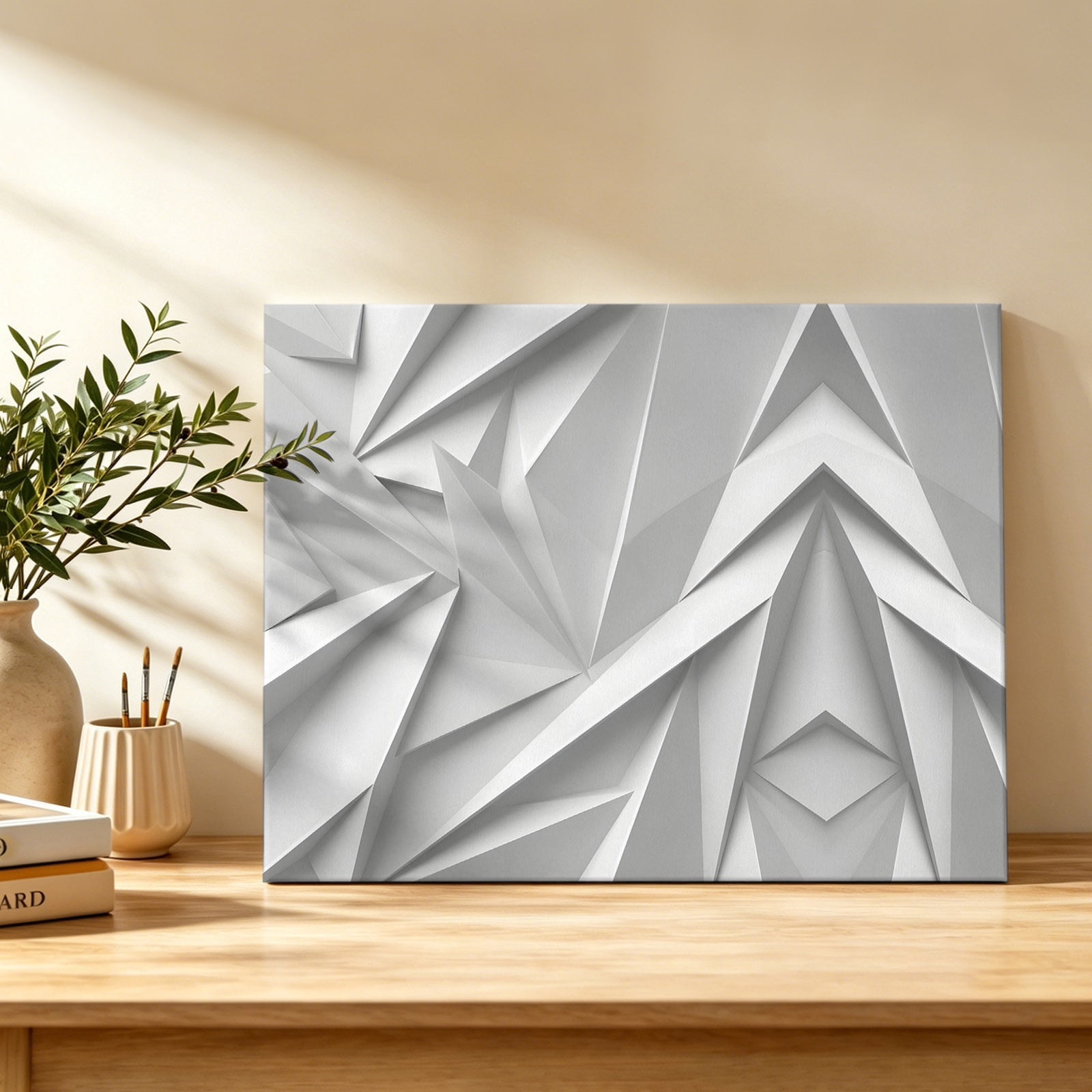 Abstract Folded Paper Canvas Wall Art, Art Minimalist Silver 3D Relief ...