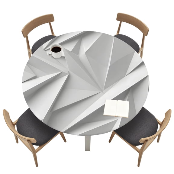 Abstract Folded Paper Round Fitted Table Cover Art Minimalist Silver 3D Relief Texture Waterproof Table Cloth with Elastic Edge Wipeable Tablecloth for Picnic Camping Party Fits 55"-60" Tables