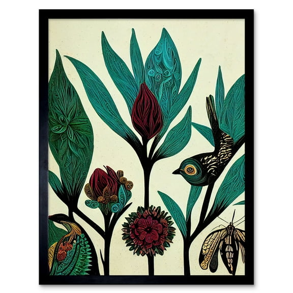 Abstract Folk Art Leaves Flowers Birds Vintage Style Green Burgundy Cream Black Art Print Framed Poster Wall Decor 12x16 inch