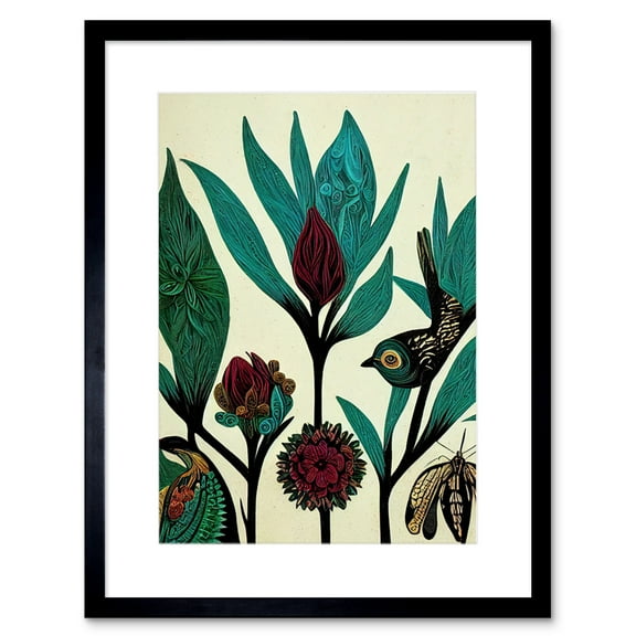 Abstract Folk Art Leaves Flowers Birds Vintage Style Green Burgundy Cream Black Artwork Framed Wall Art Print 9X7 Inch