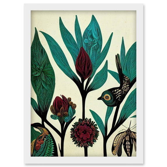 Abstract Folk Art Leaves Flowers Birds Vintage Style Green Burgundy Cream Black Artwork Framed Wall Art Print A4