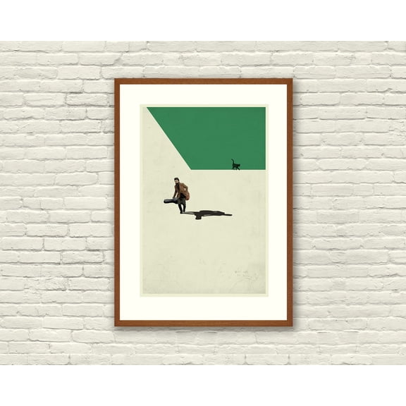 Abstract Folk Singer Green Cat Cut Paper Collage Fine Art Mid-Century Modern Wall Art, Unframed Poster