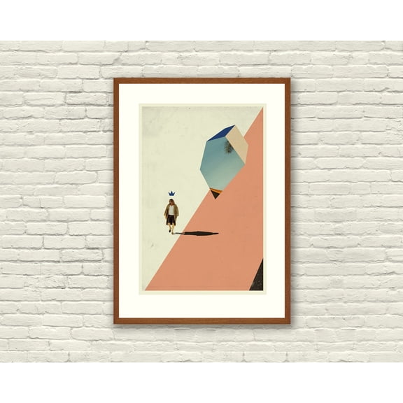 Abstract Folk Singer Guitar Cut Paper Collage Coral Blush Mid-Century Modern Wall Art, Unframed Poster