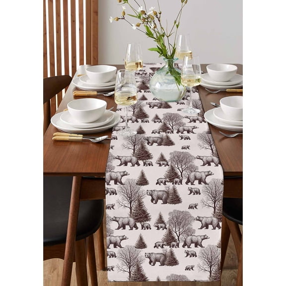Abstract Forest Animals Bear Tree Table Runner 13x72in Non-Slip Cotton Linen Table Runners, Natural Plants Dresser Scarves TableRunner for Dinner Kitchen Dining Wedding Party