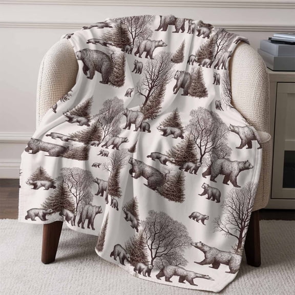 Abstract Forest Animals Bear Tree Throw Blanket Flannel Fleece Throws, Natural Plants Lightweight Super Soft Warm Blankets for Couch Sofa Bed All Season Use, 50x60 in