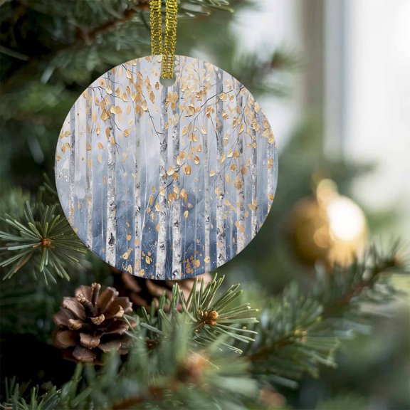 Abstract Forest Birch Tree Gold Leaves Christmas Ceramic Ornament 2026,3" Round Xmas Tree Hanging Accessories with Gold Ribbon,Landscape Pendant Ornaments for Holiday Gift Home Party Decor