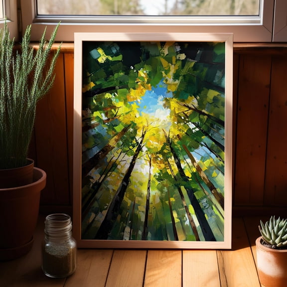 Abstract Forest Canopy Impressionist Sunlit Trees Vibrant Nature Sky View Wall Decor, Unframed Poster