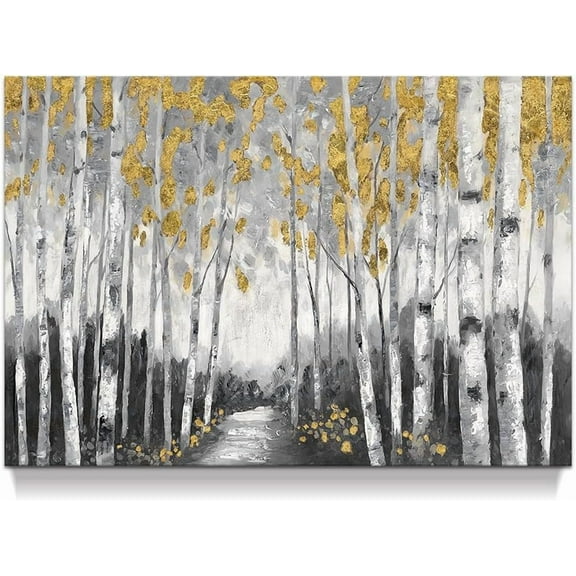 Abstract Forest Canvas Wall Art: Birch Tree Picture Gold Painting Landscape Prints Artwork for Living Room