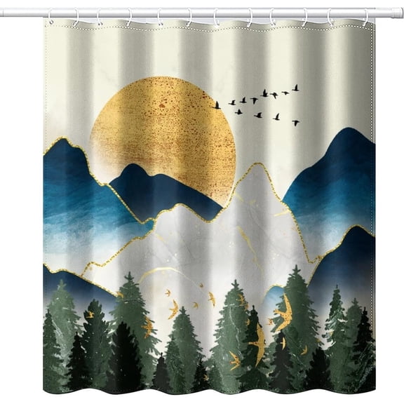 Abstract Forest Mountain Waterproof Fabric Shower Curtain,Retro Mid Century Boho Sun Sunset Marble Design Soft Hotel Quality Cloth Shower Light Weight Machine Washable-36"W x 72"L (Pack of 1)