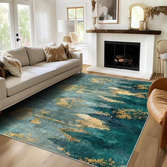 Abstract Forest Rug, Washable Green Pine Tree Rugs For Living Room Bedroom, Contemporary Art Landscape Area Rug For Home Decor, Non Slip Backing Floor Carpet 5x7ft