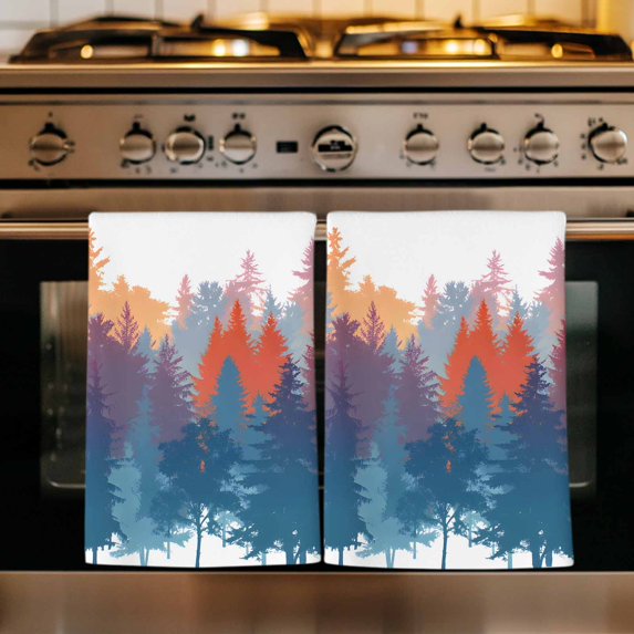 Abstract Forest Silhouette Kitchen Towels Set of 4, Bohemia Forest Trees Watercolor Absorbent Dish Towels for Kitchen, Microfiber Hand Towel, Quick Drying Tea Towel for Cleaning Decorative Dishcloths