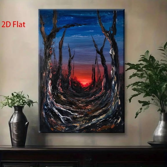 Abstract Forest Sunset Landscape Oil Painting - 2D Flat Wall Art with Wrap-Around Canvas Frame, Vibrant Blue Purple Pink Orange Red Yellow Green Hues, Modern Nature-Themed Painting for Living Room