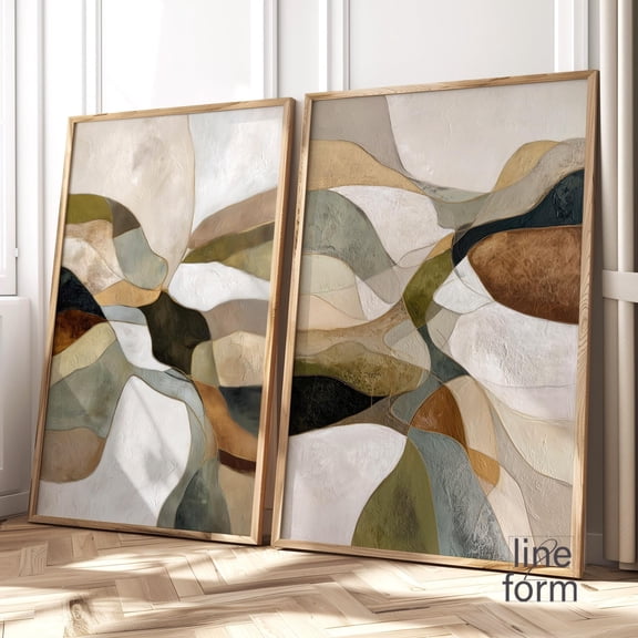 Abstract Forms Wall Art Pieces Green & Beige Modern Prints Set 2