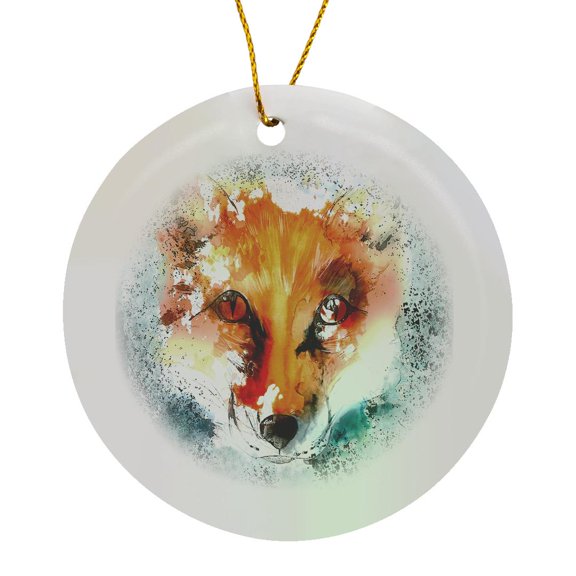 3drose, Abstract Fox Watercolor Illustration, Circle Porcelain Ornament