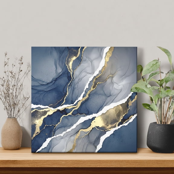 Abstract Framed Canvas Wall Art, Blue Ink Gold Foiling Ocean Waves Luxury Wall Art Painting for Living Room Bedroom Home Decor, 8”x8”, Office Artwork Print