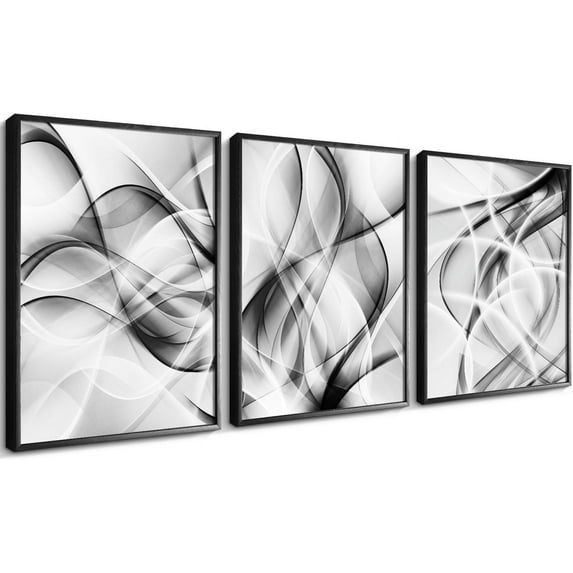 Abstract Framed Canvas Wall Art for Living Room Decor, 3 Panels Black and White Canvas Print Artwork Modern Home Decoration for Bedroom Decor, 12X16 Inch X3pc (Black)