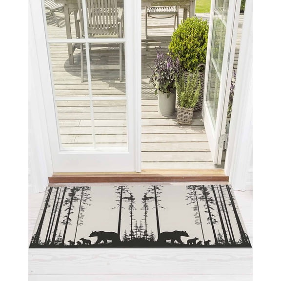 Abstract Front Door Mat Bear Family Forest Trees Natural Scenery Silhouette Welcome Doormat Indoor Outdoor Entrance Floor Mat Non-Slip Washable Runner Rug for Front Porch Decor 24x71 Inch