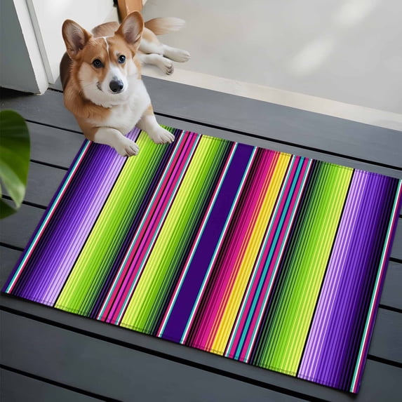 Abstract Front Door Rugs 2x3 ft Colorful Mexican Stripes Purple Green Farmhouse Small Rug for Entryway Non Slip Washable Bathroom Door Mat Absorbent Floor Mat for Indoor Entrance