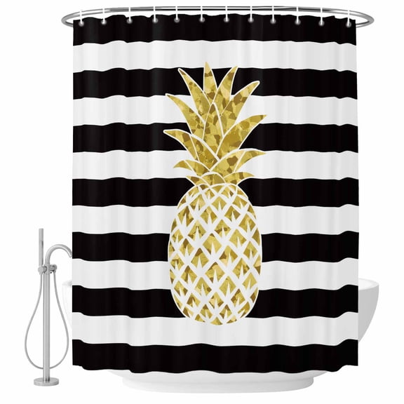 Abstract Fruit Bathroom Shower Curtains with Hooks, Yellow Pineapple Black White Stripes Modern Waterproof Fabric Washable Shower Curtain for Home Hotel Bathtub Decor 36x72 Inch