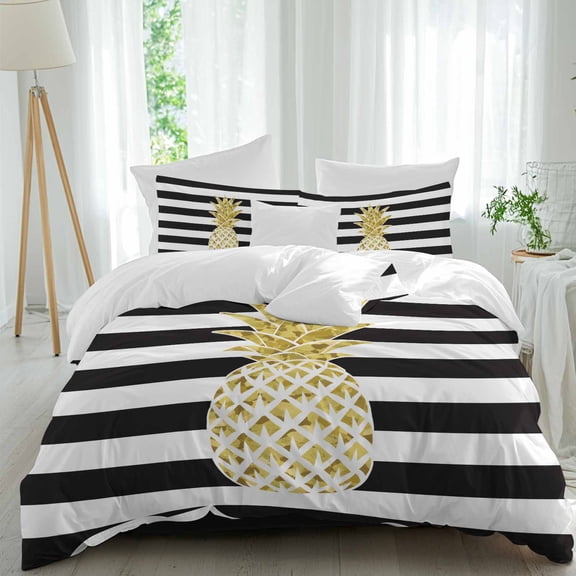 Abstract Fruit Full Size Comforter Set, Yellow Pineapple Black White Stripes Modern Bedding for All Seasons, 4 Pcs Bed Set, 1Quiltcover (86"x86") ,1Sheet(80"x116"), 2Pillowcases (30"x20")