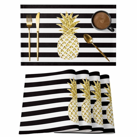 Abstract Fruit Placemats Set of 12 Yellow Pineapple Black White Stripes Modern Heat Insulation Washable Place Mats, Non-Slip Table Mats for Dining Table Party Kitchen Decor,13x19 Inch