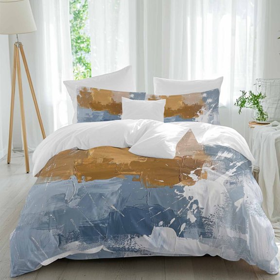 Abstract Full Size Comforter Set, Retro Brown Blue Graffiti Mottled Painting Texture Bedding for All Seasons, 4 Pcs Bed Set, 1Quiltcover (86"x86") ,1Sheet(80"x116"), 2Pillowcases (30"x20")