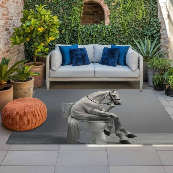 Abstract Funny Animal Indoor Outdoor Rugs 3x5 Ft, Horse Sitting on The Toilet Outdoor Patio Rugs Mat Washable Outside Area Rugs Carpet for Porch Deck RV Camping Pool Balcony Backyard