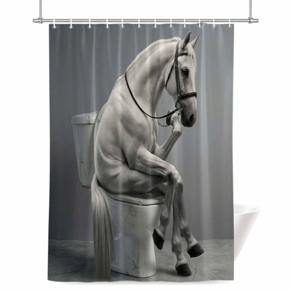 Abstract Funny Animal Shower Curtain, 72" x 84", Horse Sitting on The Toilet Waterproof Bathroom Curtain Washable Shower Curtain Set with 12 Hooks