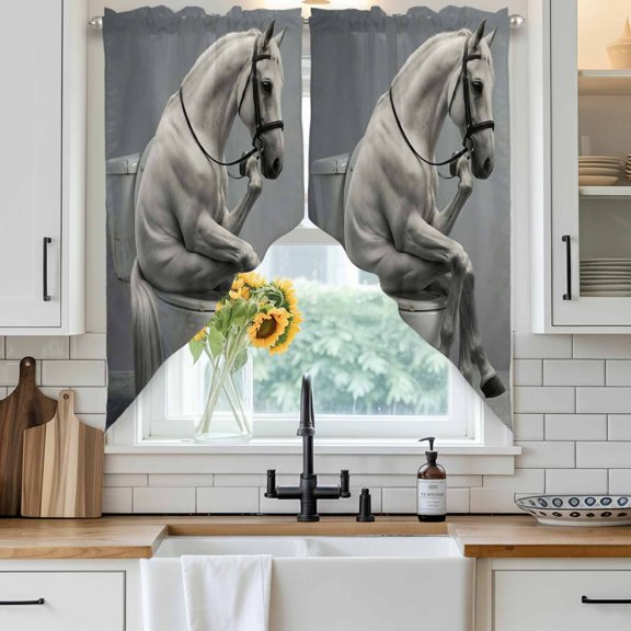 Abstract Funny Animal Swag Curtain Valance for Windows, Horse Sitting on The Toilet Window Treatments Short Swag Topper for Kitchen Windows Bathroom Bedroom, 36"x36"