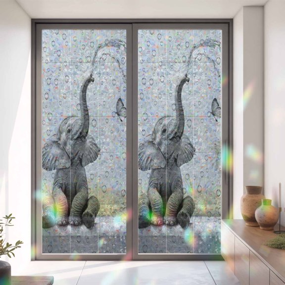 Abstract Funny Elephant Bathtub Window Privacy Film,Decorative Windows Static Cling Modern Art Heat Control Removable Glass Sticker for Home Bathroom Bedroom Window Door,35x79in