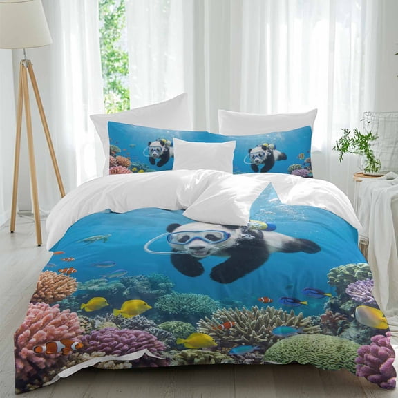 Abstract Funny Panda Diving Coral Queen Size Bed Set,Marine Undersea World Bedding for All Seasons,4 Pcs Bed Set,1 Quiltcover (90"x92"),1 Sheet(94"x116"),2 Pillowcases (30"x20")