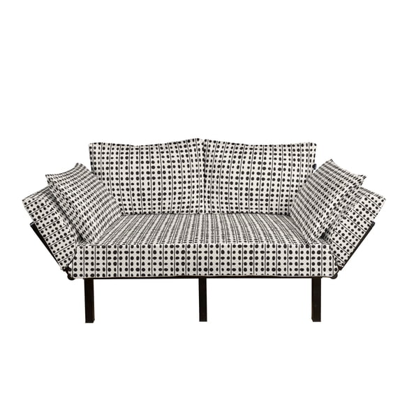 Abstract Futon Couch, Brush Painting Consecutively of Lines and Dots Simple Tribal Pattern, Daybed with Metal Frame Upholstered Sofa for Living Dorm, Loveseat, Eggshell Charcoal Grey, by Ambesonne